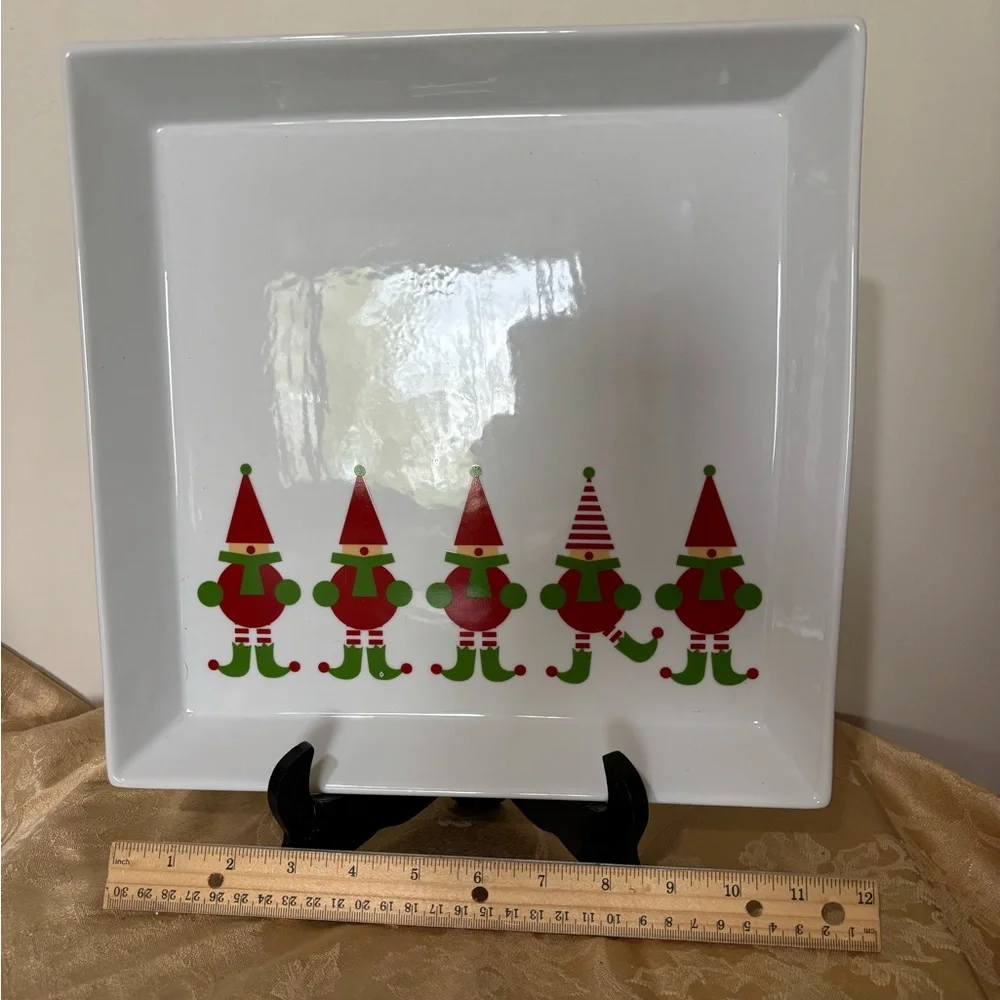 Crate&Barrel Red and Green 12” Jingle Elf Platter, Porcelain - Picture 1 of 4